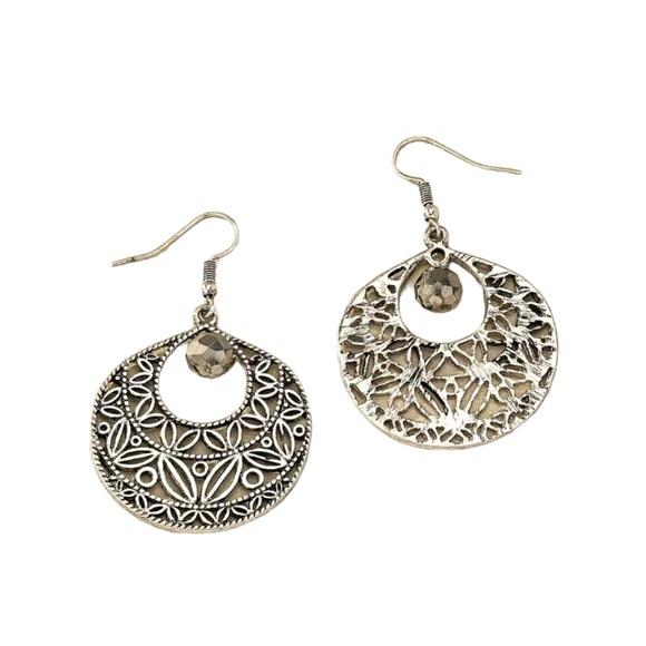 Boho Silver Cut Metal Design Hoop Drop Earrings - Picture 4 of 6